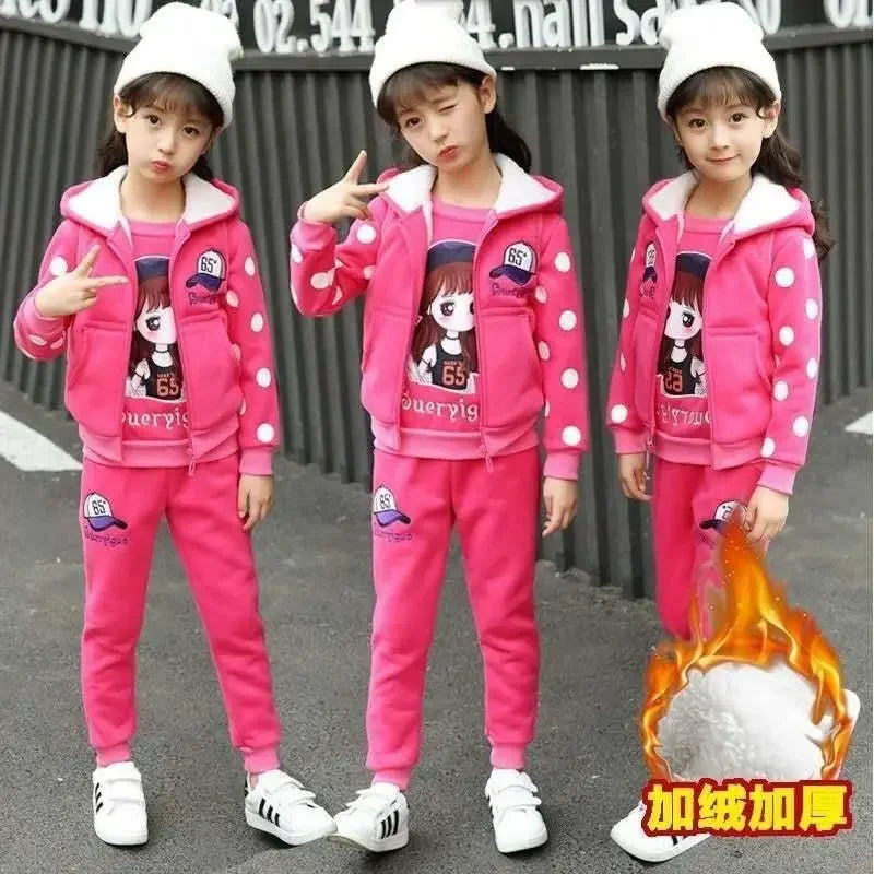 Visco Girls Children's Winter Thick Velvet Warm Clothing Set 3Pcs Kids New Casual Tracksuit Children's Sportswear Suit 4-13 Years