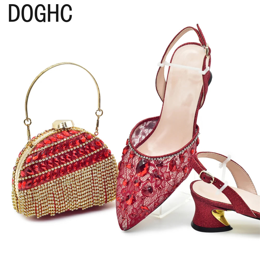 Maxy Red Color Classics Design Women Shoes and Bag Set High Quality with Shinning Crystal for Women Wedding Party