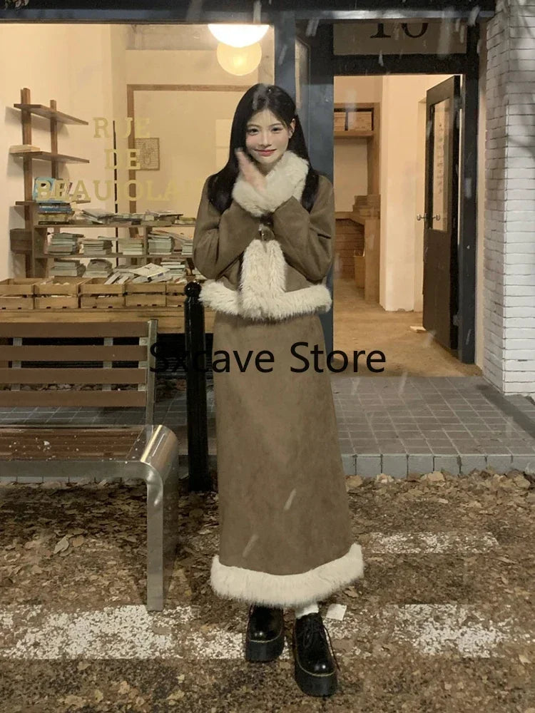 Autumn Retro Faux Fur 2 Piece Skirt Set Women Casual Y2k Vintage Blazers Jacket Coats + Skirts Japanese Kawaii Suit Chic Outfits