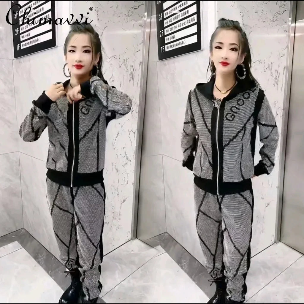 Maxy European Heavy Hot Diamond Thin Casual Sports Two-piece Suit Autumn Fashion Long-sleeved Hooded Jacket Trousers Women's Outfits