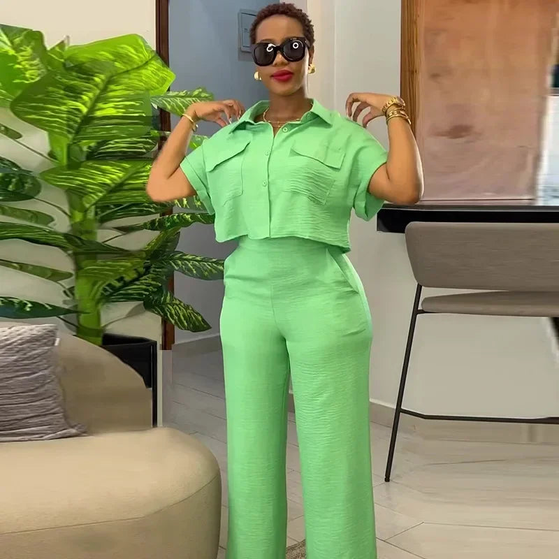 Maxy Fashion Vintage Women's Set Short Sleeve Shirt and Wide Leg Pants Spring Street Two 2 Piece Sets Outfit Tracksuit
