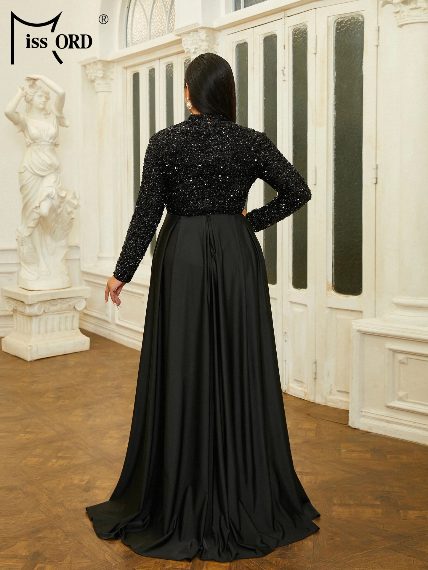 Momsey New Plus Size Black High Necked Long Sleeve Sequin A Line Evening Prom Dresses