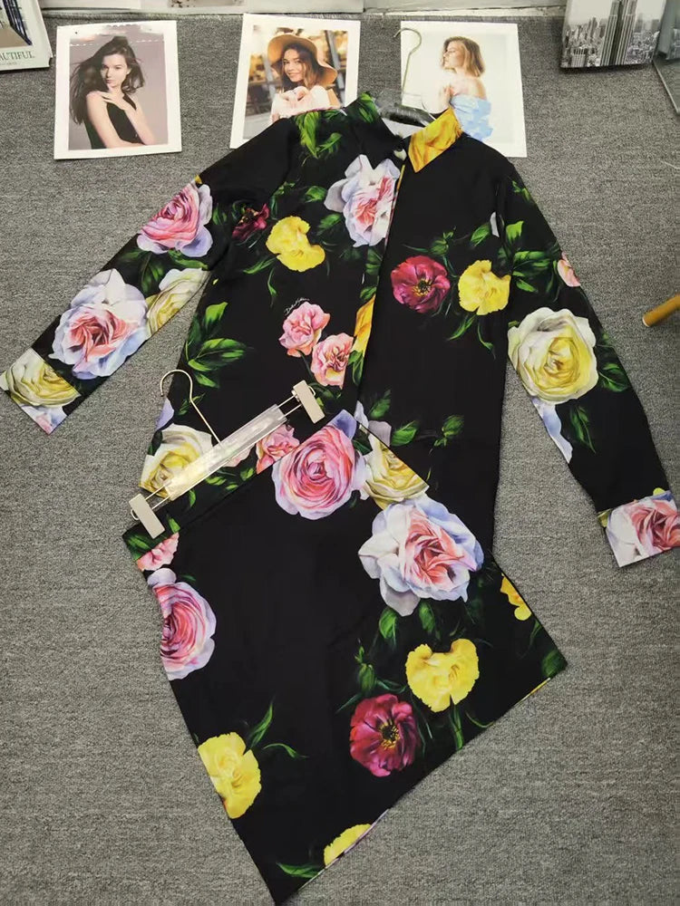 Maxy Retro flower prints long-sleeved shirt top spring/summer new+slim hip mini short skirt elegant two-piece women's suit