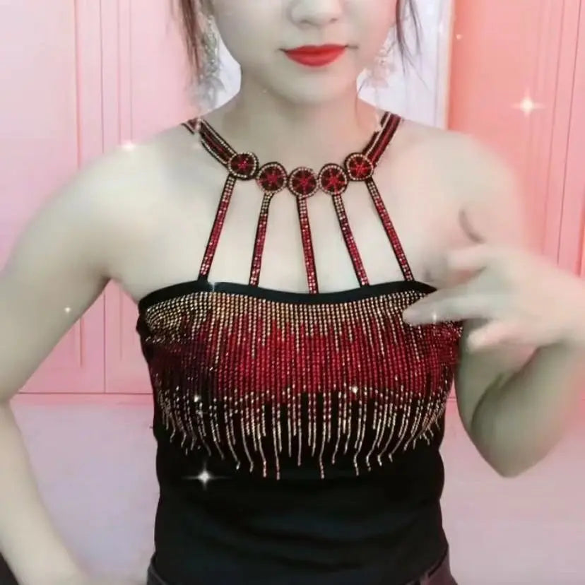 Maxy Spring Summer New Fashion Women Vest Camisole Pendant Bottomed Lady Shirt Vest Color Diamond Rhinestone White Blue