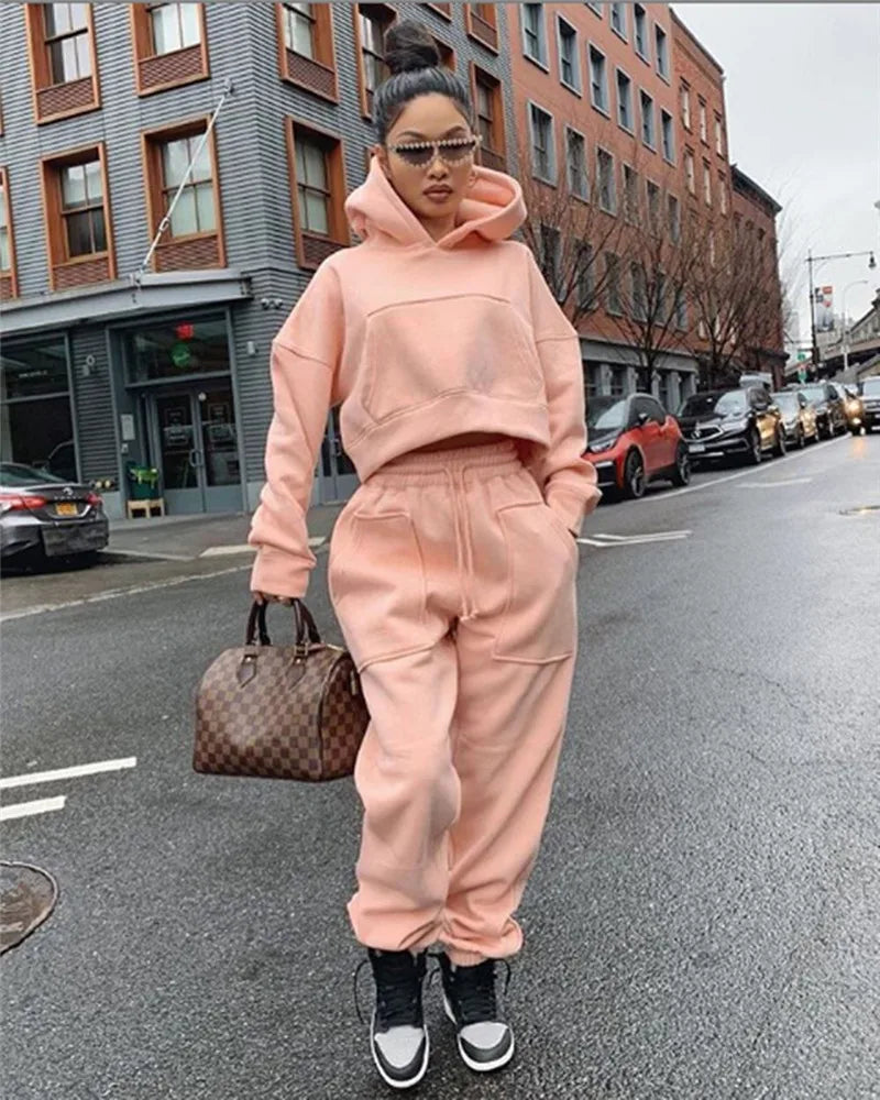 Maxy Hooded Tracksuit Two Piece Set Women Spring Autumn Clothes Long Sleeve Pullover Crop Top And Pants Casual Fashion Female Suits