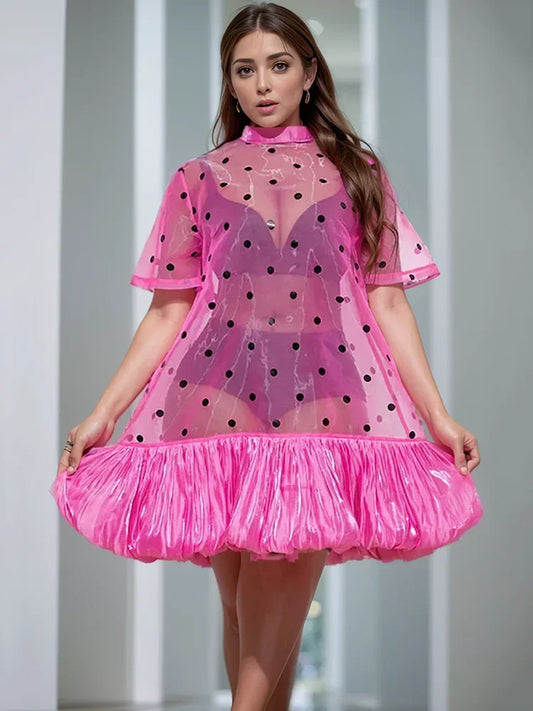 Maxy Pink Polk Dot Ruffle Hem Plus Size Dress See Through Sweet Elegant Casual Party Club Short Sleeve Evening Mini Dress for Women