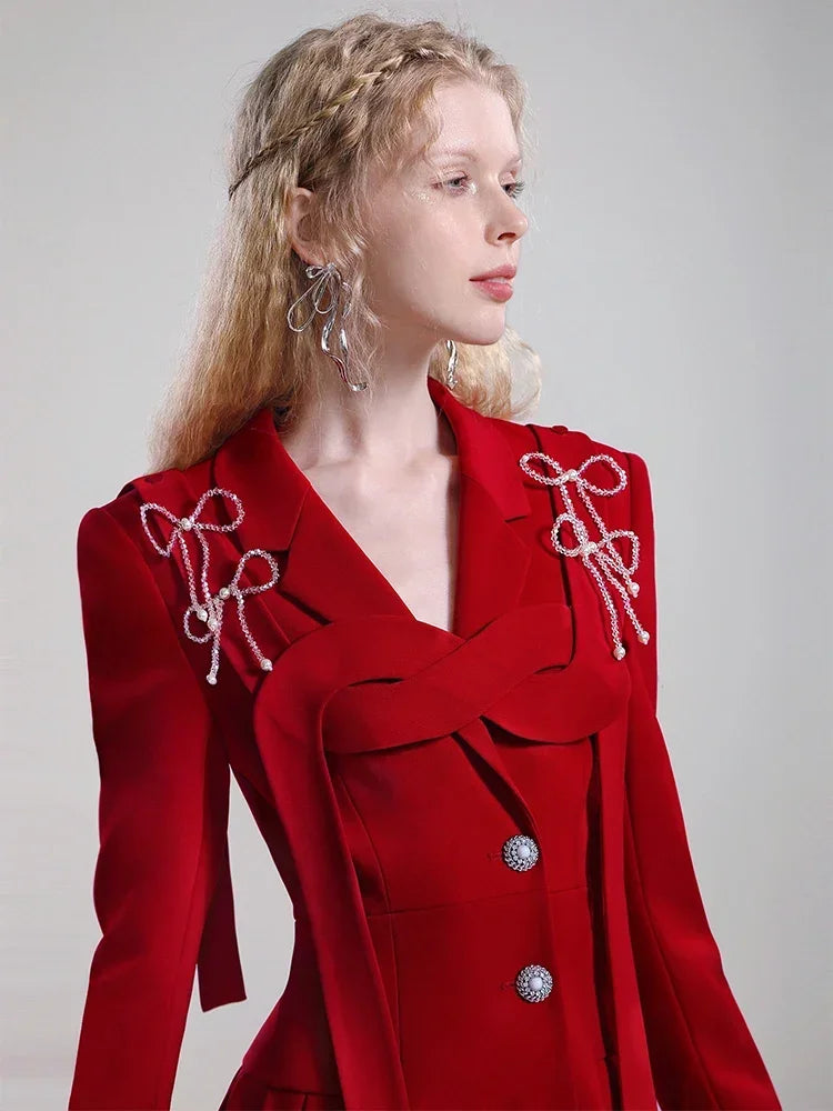 Maxy Designer Dress Women Autumn New Annual Meeting Red Bridal Dress Slim and Thin Temperament Design Suit Blazer Dress