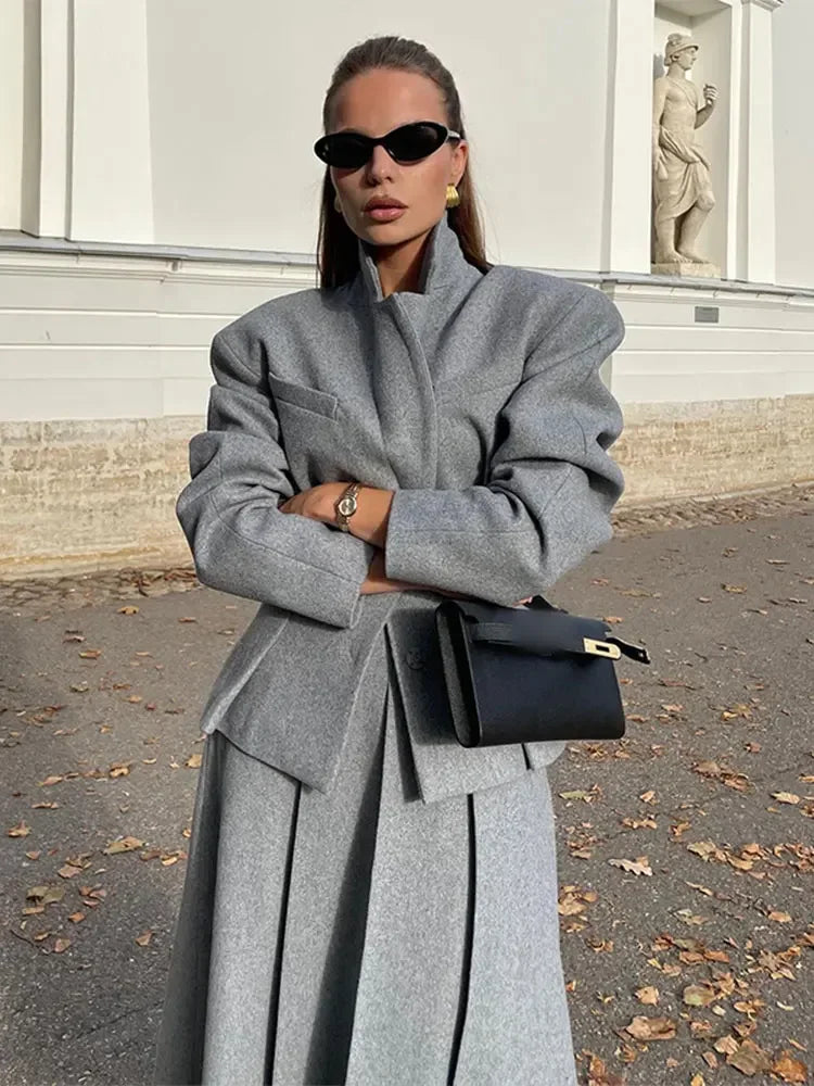 Maxy Women Fashion Solid Woolen Skirt Suits Elegant Stand Collar Full Sleeve Coat Loose Pleated Long Skirts Set Fall Chic Lady Outfit