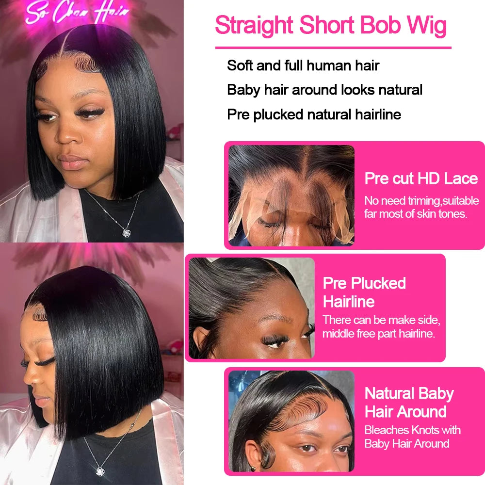 Short Bob Wig Human Hair 250% Density 13x4 13x6 HD Transparent Lace Frontal Wig Pre Plucked Wear Go Glueless Straight Wigs Huma
