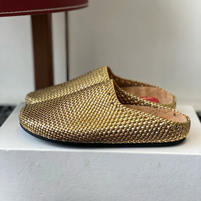 Maxy Genuine Leather Weaving Design Half Slippers Women Closed Toe Fashion Flat Bottom Slippers Spring Autumn Outdoor Versatile Mules