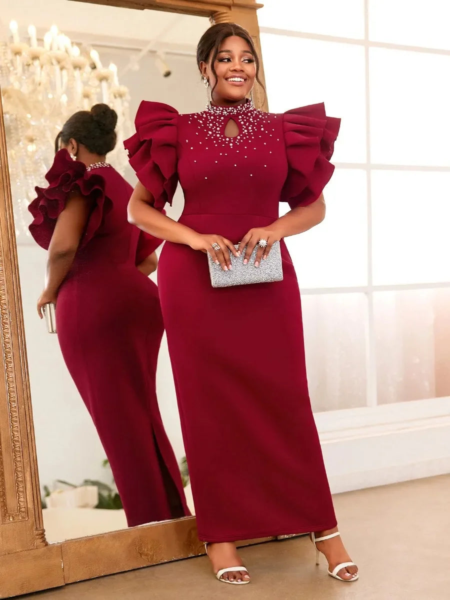 Maxy Customized Wedding Guest Dresses for Women Party Mock Neck Beads Ruffle Short Sleeve Birthday Elegant Summer Homecoming Prom Eve