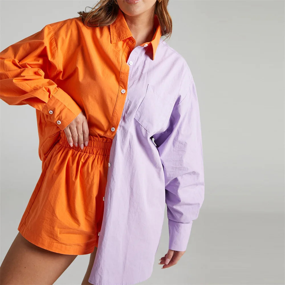 Maxy Women Tracksuits Shirt with Mini Shorts Cotton Two Pieces Sets Fashion Clothing Outfits Women Blouses Fashion Tracksuits