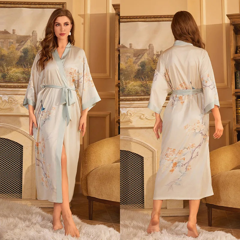 Maxy Japanese Style Half Sleeve Kimono Bathrobe Gown Female Long Robe Nightgown Sleepwear Loose Satin Print Flower Home Dressing Gown