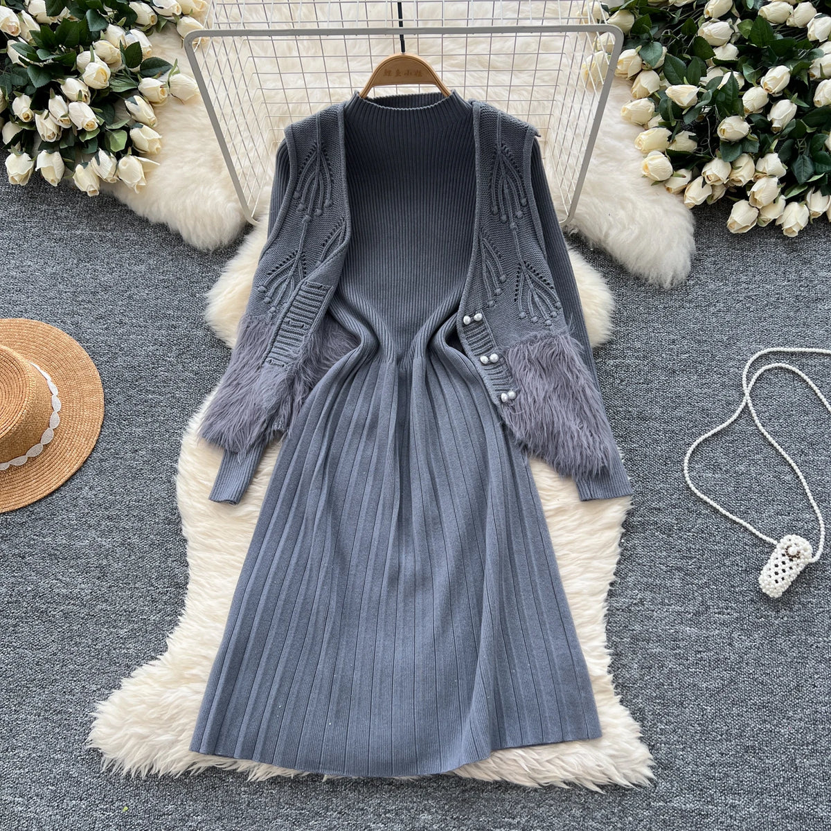Maxy Chic Women Two-Piece Sets Basics O-neck Long Sleeve Knit Dress Slim Open Stitch Pearl Button Vest Elegant Evening Party Clothing
