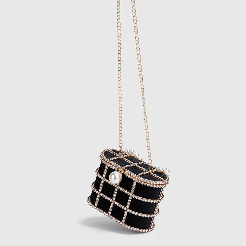 Maxy Luxury Diamond Metal Bucket Pearl Handle Women Party Clutch Purses and Handbags French design Ming Ai Wedding Chain Shoulder Bag