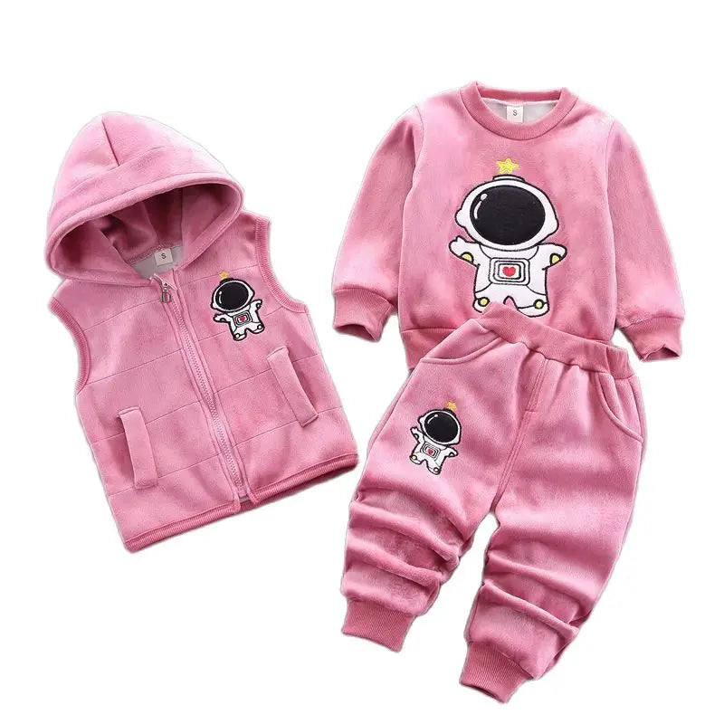 Maxy 2024 New Baby Boys Girls Christmas Cartoon Winter Hooded Plush Warm Vest Coat+Sweatshirt+Pants 3Pcs Infant Children Sports Suit