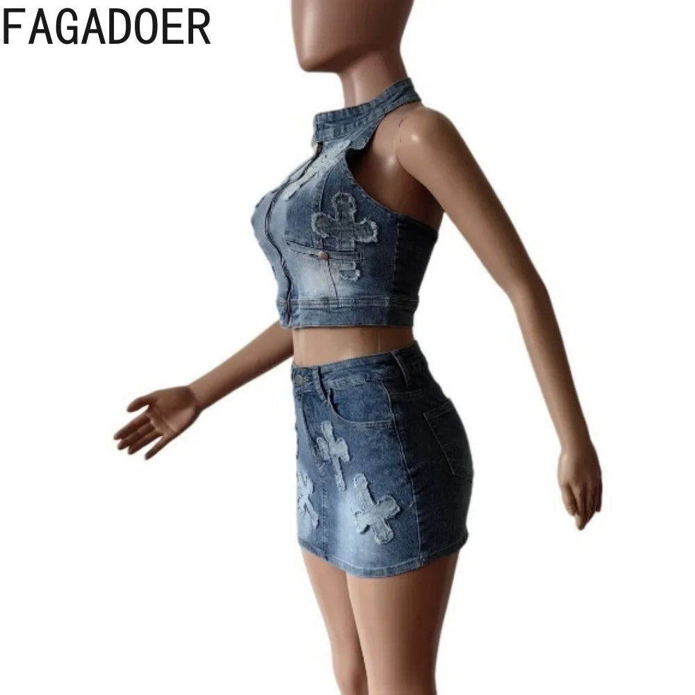 Maxy Fashion Retro Y2K Jean Skirts Two Piece Sets Women Zip Sleeveless Crop Top And Mini Skirt Outfits Female Denim Clothing