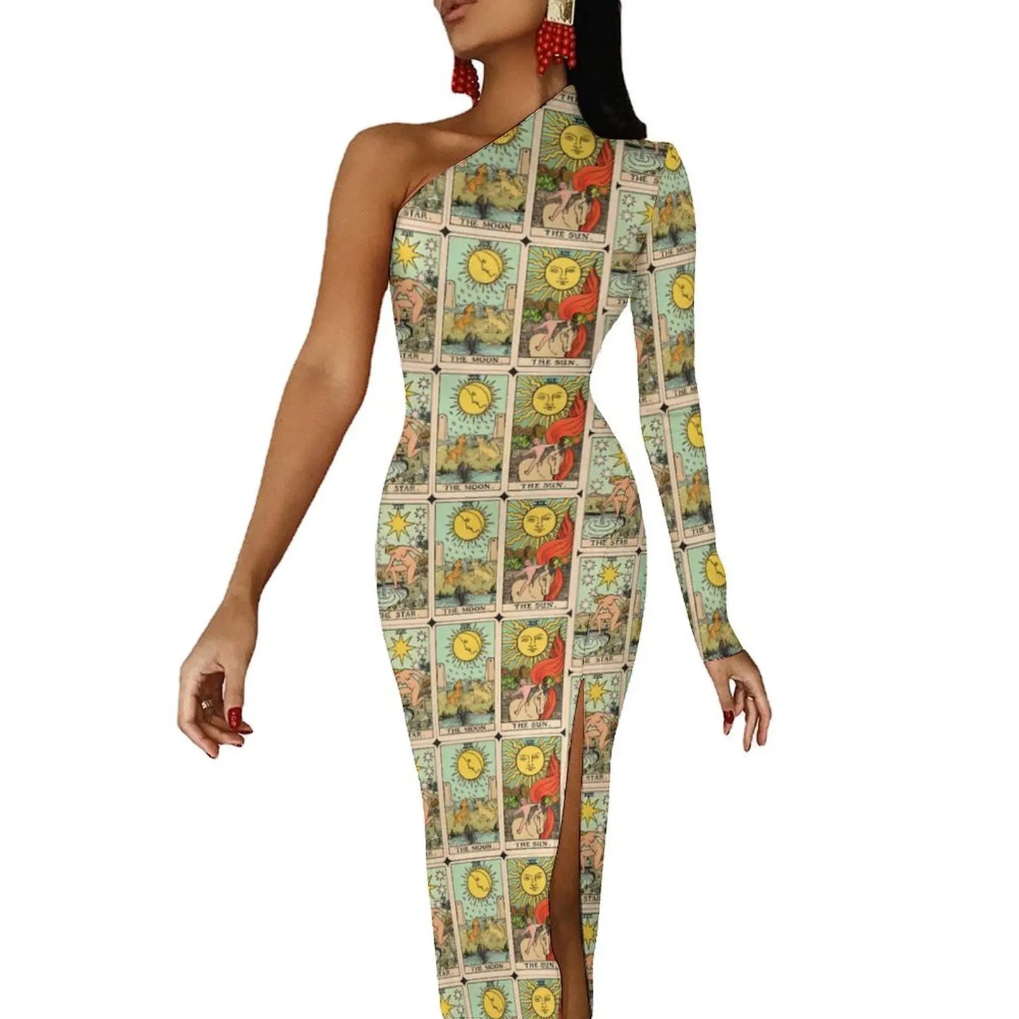 Maxy Gold And Black Tarot Bodycon Dress Women's Major Arcana Night Club Maxy Dress Long Sleeve Party Custom Dresses Birthday Present