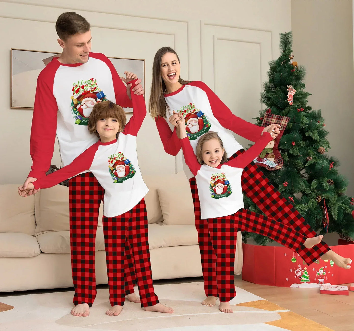 Maxy Winter Christmas Pyjamas Santa Plaid Pattern Family Matching Outfits Adults Kids Clothing Set 2 Pcs Home Suit Xmas Look Pjs