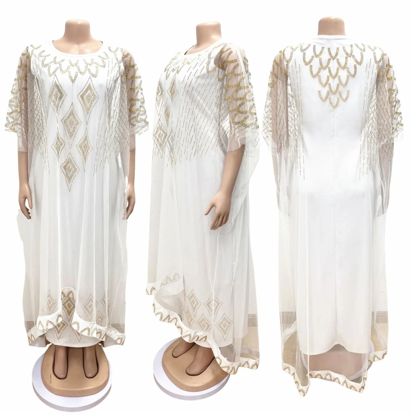 Maxy Two-Piece African Dresses for Women Traditional Nigeria Mesh Hot Drill Caftan Dress Abaya Musulman Robe Femme Clothes