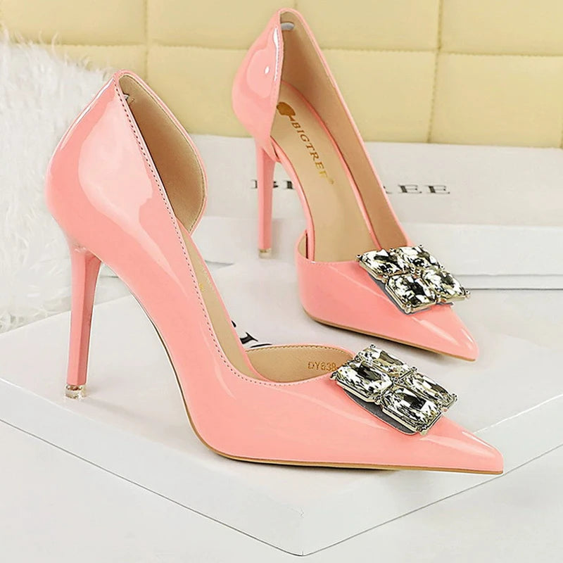 Visco BIGTREE Shoes NEW Luxury high heels Rhinestone Design Women Pumps Patent leather Female heels stilettos Fashion Sexy Party shoes