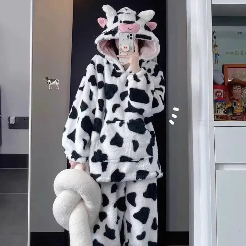 Maxy Autumn Winter New Cute Cow Hooded Pajamas Sets for Woman Kawaii Sleepwear Thickened Coral Velvet Homewear Suits Loungwear