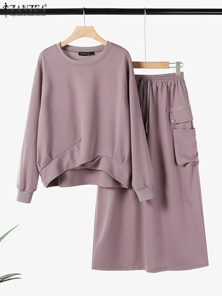 Maxy Winter Autumn Sweatshirts Dress Sets ZANZEA Women Long Sleeve Hoodies Tops Sundress OL Matching Sets Spring 2pcs Outfits