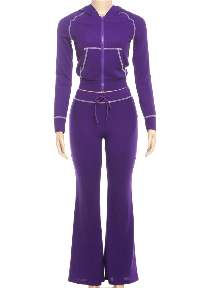 Maxy Casual Tracksuit 2 Piece Set Woman Zip Cardigan Full Sleeve Hooded Jacket+Drawstring Long Pants Daily Sporty Style Outfits