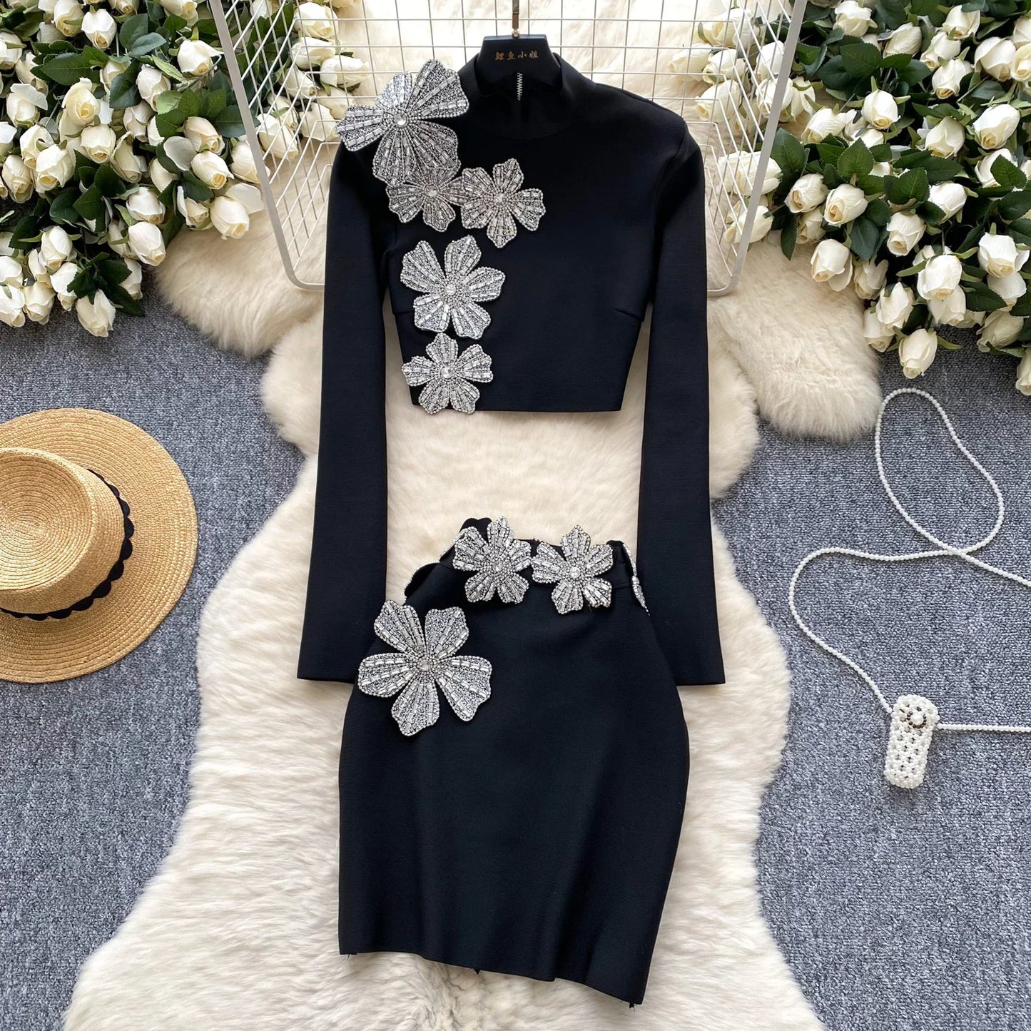 Maxy Elegant Two-piece Sets Stand Neck Long Sleeve Chic 3D Floral Top Slim High Waist Short Skirt Evening High Street Autumn Clothing