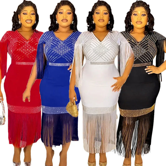 Maxy Plus Size African Party Dresses for Women New Dashiki Diamonds Tassel Ankara Evening Long Gowns Turkey Robe Africa Clothing