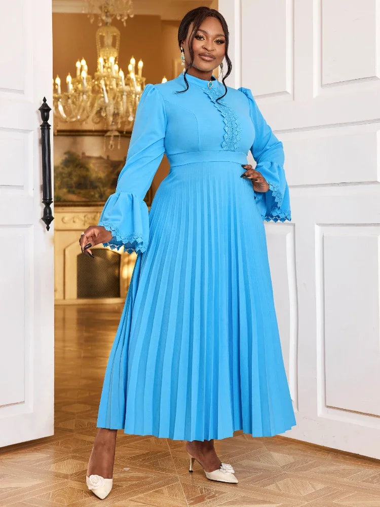 Amay Blue Maxy Dresses for Women Stand Collar Long Flare Sleeves Lace Empire Pleated Vintage Elegant Slim Evening Banquet Party Gowns