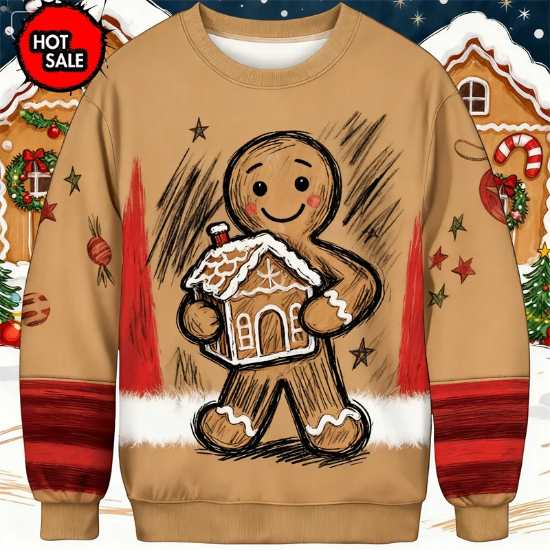 Maxy New 3D Printing Gingerbread Man Happy New Year Round Neck Hoodie Pullover Fashion Ugly Christmas Sweater Sweatshirt Men Tops