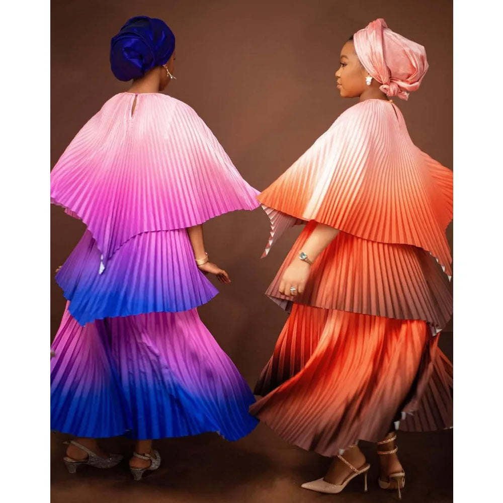 Maxy Fashion Plus Size Women Dress Miyake Pleated Gradient Color Ladies Clothing Irregular Shawl Top &  A-line Skirt New