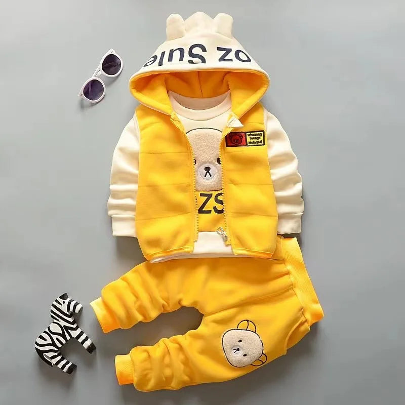 Maxy New Autumn Winter Baby Girl Clothes Children Boys Thickened Hooded Vest T-Shirt Pants 3Pcs/Sets Toddler Costume Kids Tracksuits