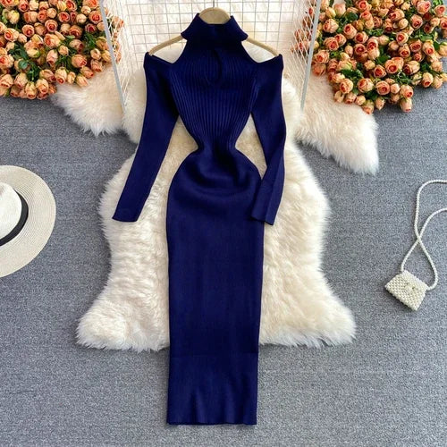 Amay Gagarich Woman Chic Knitting Dresses Autumn New Ins Stand-up Collar Tight-fitting Hollow Out Hip Strapless Stretch Vestidos