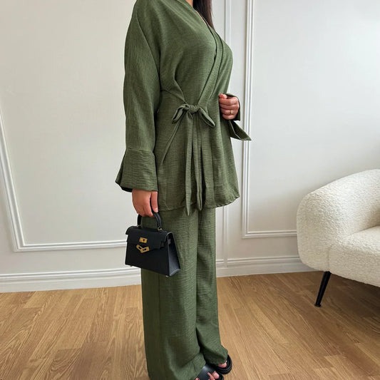 Maxy Plain Abaya Dubai Luxury Muslim Two Piece Set Turkey Top and Pants Suit Sets Ramadan Islamic Modest Outfits Ensembles Musulmans