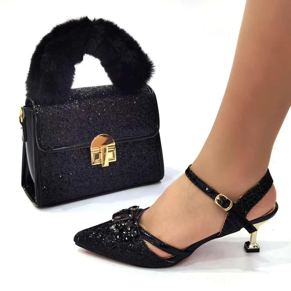 Maxy New Arrival Wedding Shoes and Bag Set black Color Italian Shoes with Matching Bags Nigerian Women party