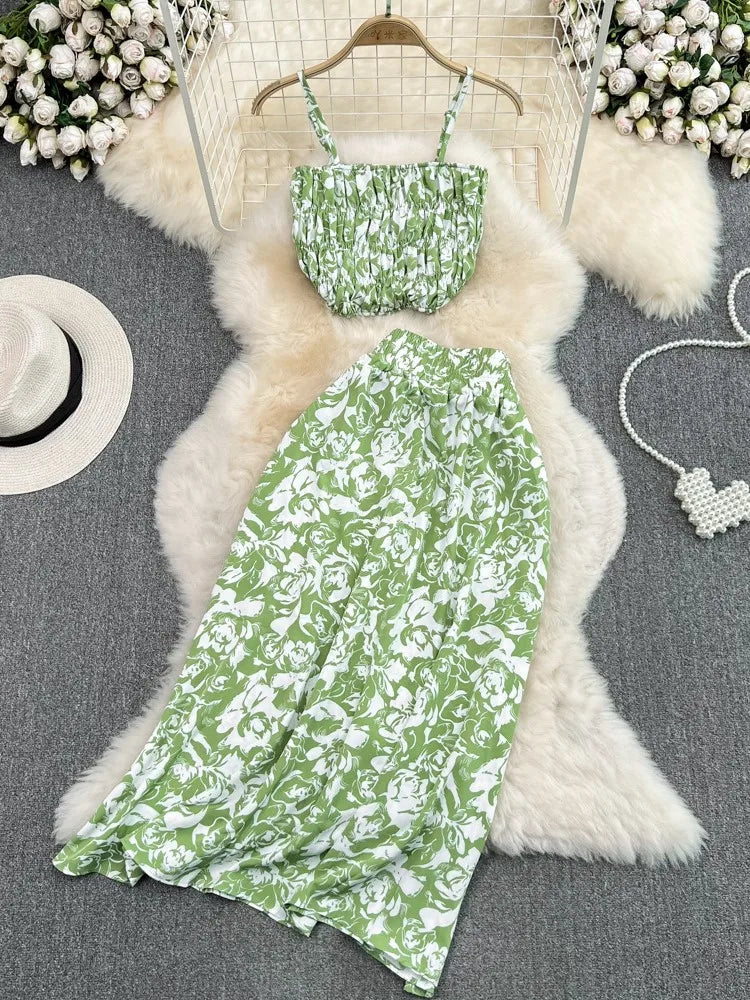Maxy Summer Floral Print Two Pieces Set Women Fashion Elegant Casual Fold Sleeveless Tops And Long Skirt Sexy Slim 2 Piece Sets