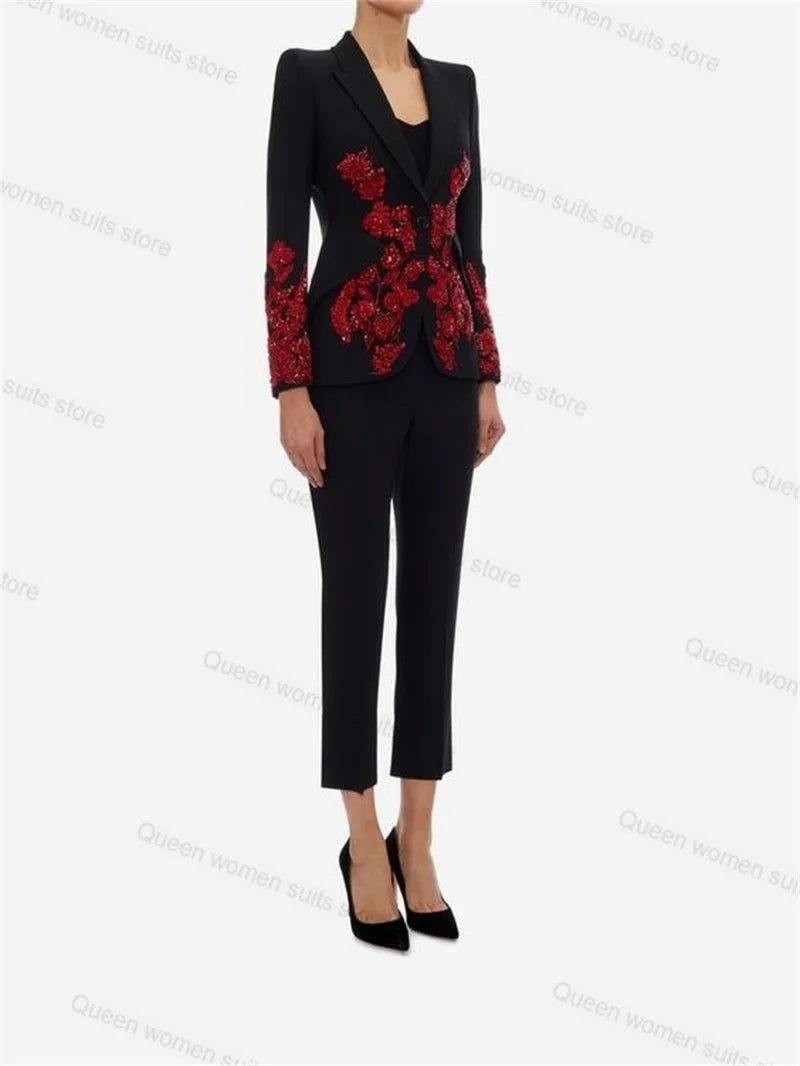 Maxy Crystal Black Wedding Women Pants Suit Set 2 Piece Blazer+Trousers Luxury Jacket Coat Formal Office Lady Customized Prom Dress