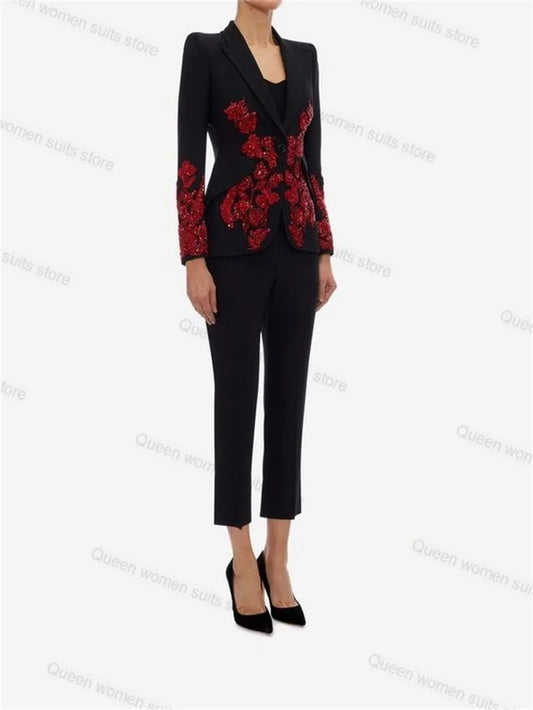 Maxy Crystal Black Wedding Women Pants Suit Set 2 Piece Blazer+Trousers Luxury Jacket Coat Formal Office Lady Customized Prom Dress