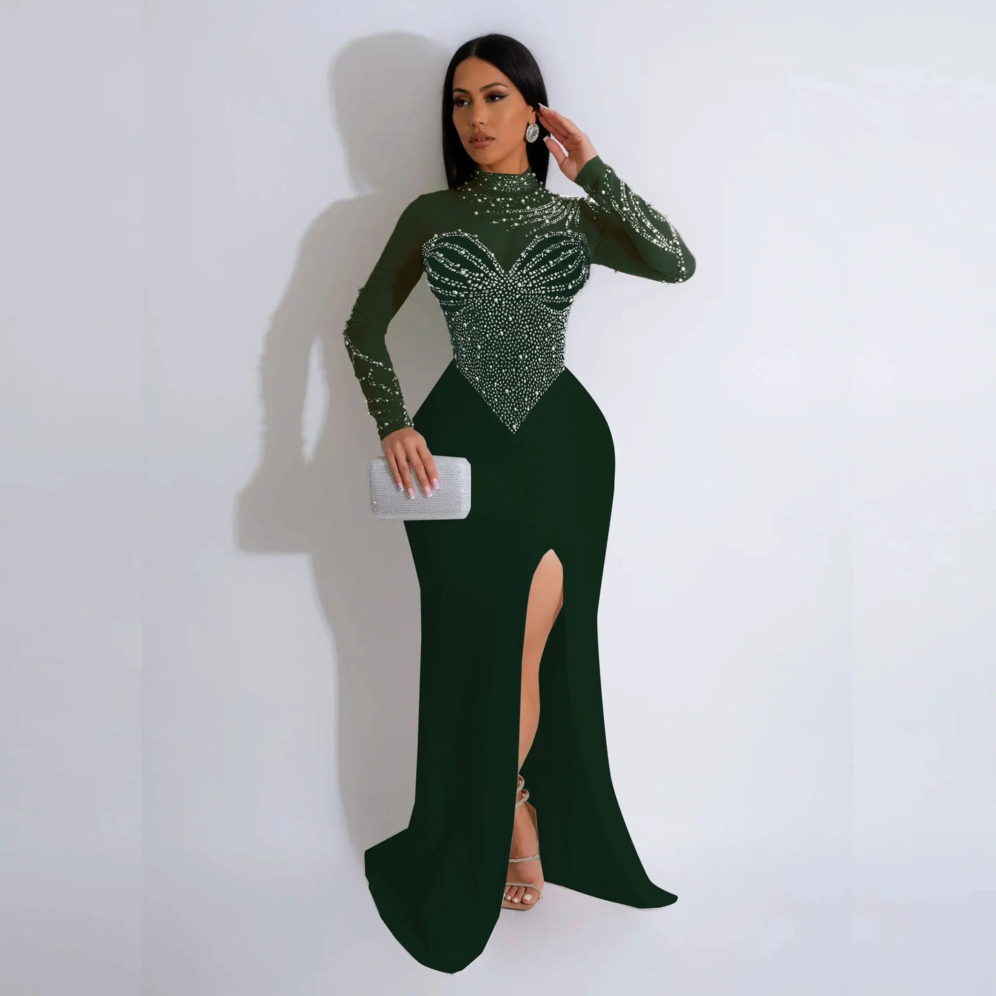 Babs Luxury Women's Crystal Embellished High Slit Long Dress Gown Glam Long Sleeve Diamonds Party Dress Celebrities Outfits