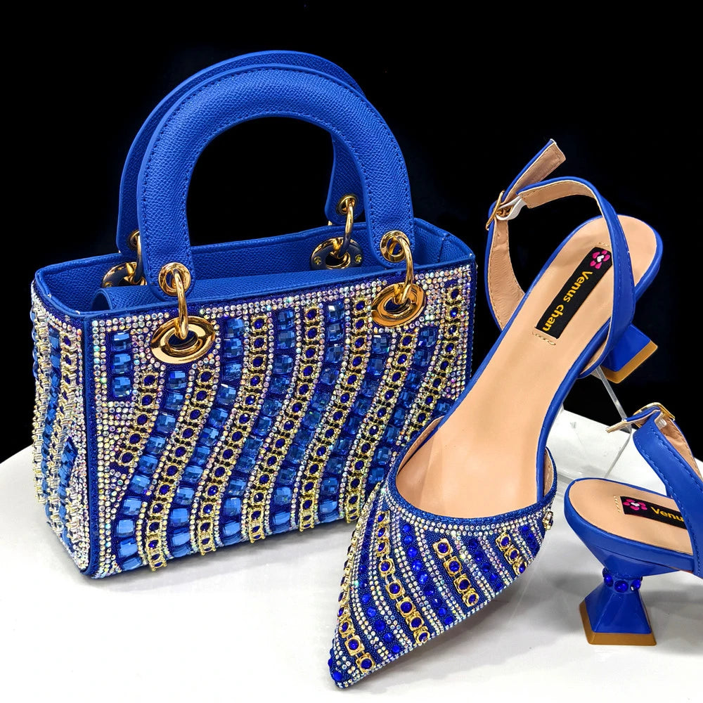 Maxy Summer New Design Specials Italian Women Shoes and Bag Set Blue Color Comfortable Low Heels With Rhinestone