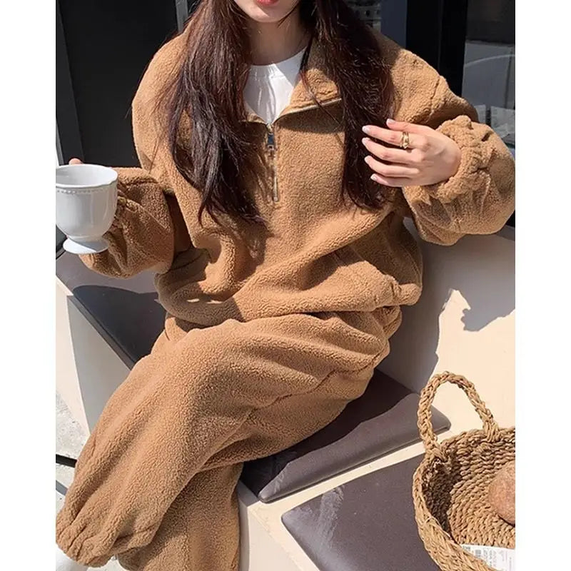 Maxy Korean Spring Autumn Retro Lamb Fleece Standing Neck Zipper Drawstring Sweater+Elastic Waist Strap Casual Pants Set