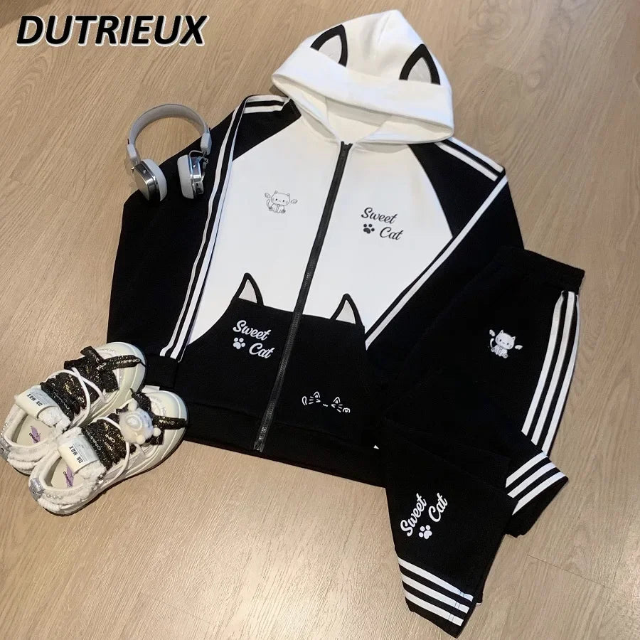 Maxy Fashion pants suit Autumn and Winter Sweet Sports Suit Female Japanese College Style Hooded Thickened Two-piece Set for Women