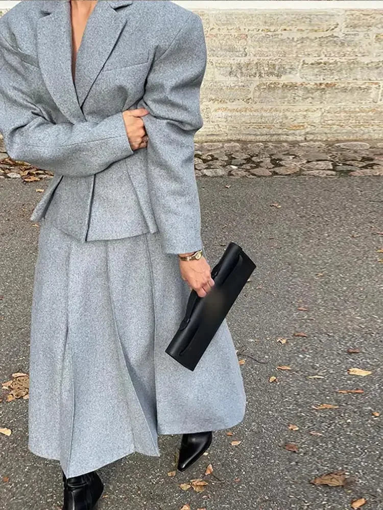 Maxy Women Fashion Solid Woolen Skirt Suits Elegant Stand Collar Full Sleeve Coat Loose Pleated Long Skirts Set Fall Chic Lady Outfit