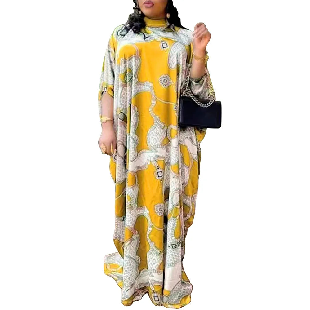Maxy Elegant Dresses for Women New Plus Size Print Kaftan Muslim Evening Party Long Dress Summer Clothing