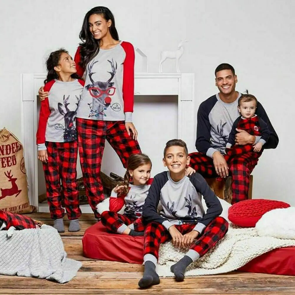 Christmas mas Family Matching Set Pajamas Sleepwear Nightwear Kids Adult Deer Plaid Pyjamas