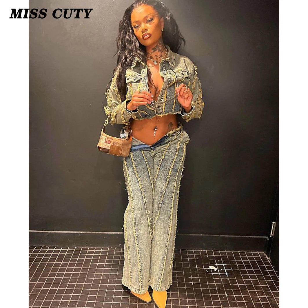 Maxy Two-Piece Denim Sets for Women Crop Jackets Ladies Y2K Streetwear Denim Coats Jeans Winter Outfits Two Piece Pant Sets