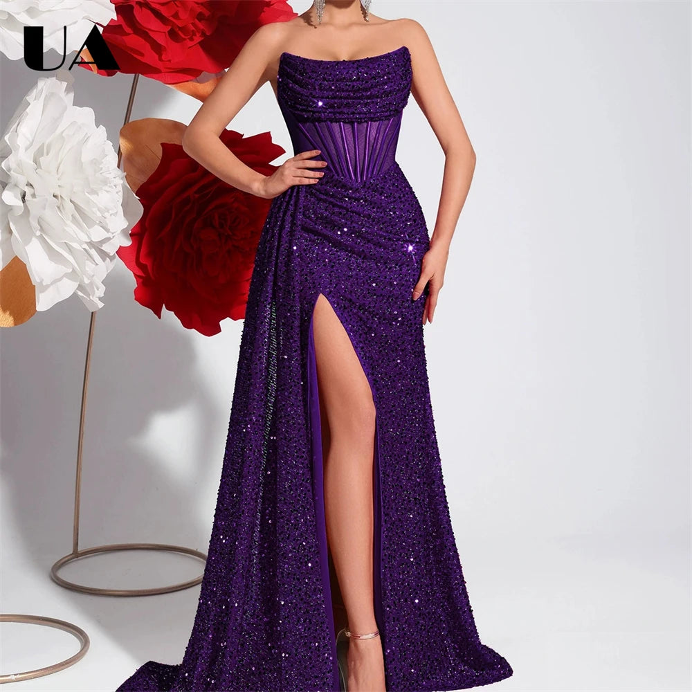 Maxy Women's Sequin Strapless Prom Dress Ruched Bodice High Slit Mermaid Gown Formal Evening Wedding Guest Ball Gown Sparkly Party