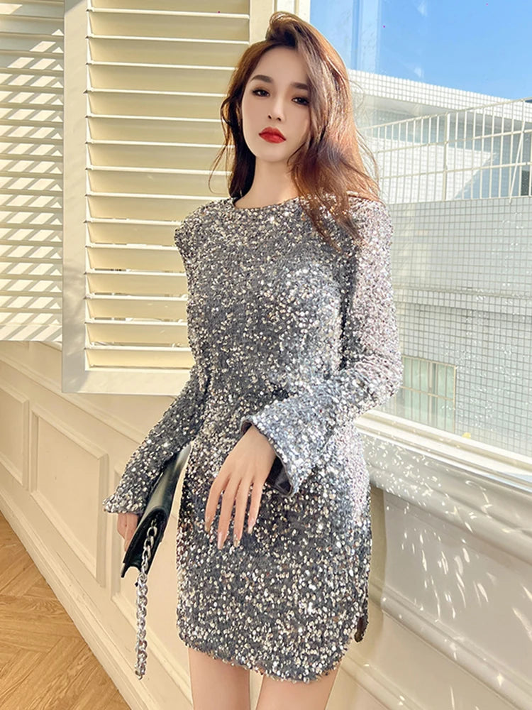 Maxy Exquisite Club Dress Women's Celebrity Fashion Grey Velvet Bright Shiny Sequin Short Gown Female Evening Party dress